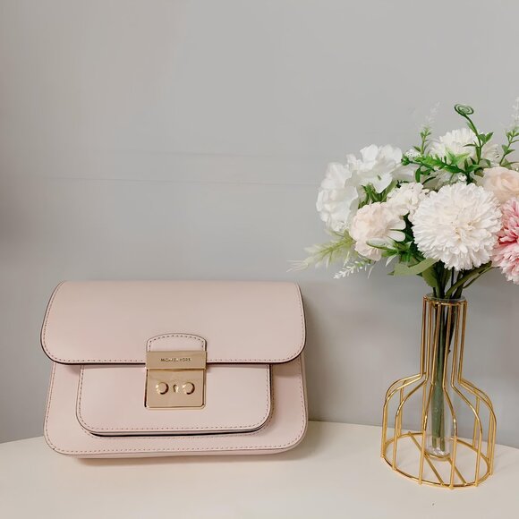 Michael Kors Sloan Large Shoulder Bag Leather Handbag Purse Ballet Pink Gold NEW - Picture 4 of 11